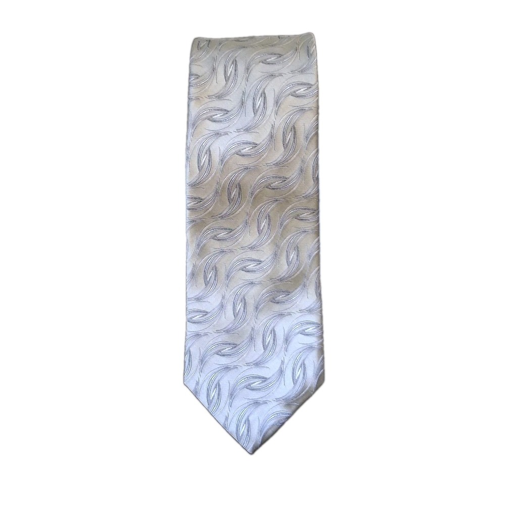 NWT  XMI Platinum Woven Silk Silver Abstract Feather Handmade Tie Retail $91.00
